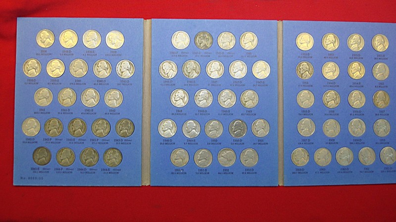 Complete circulated Jefferson nickel set (1938-1961) in Whitman folder, featuring wartime silver nickels from Philadelphia, Denver, and San Francisco mints.