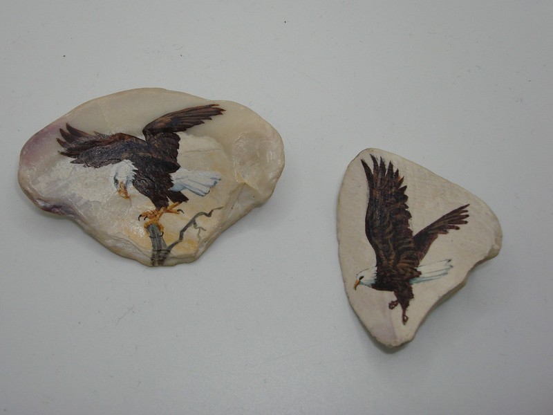 Two hand-painted seashell bald eagle pins by Rachelle Bourque