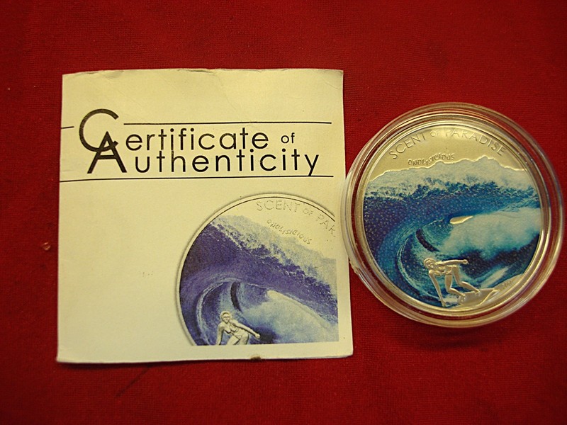 2010 Palau $5 Scent of Paradise Colorized Silver Coin - BU Surfer Girl