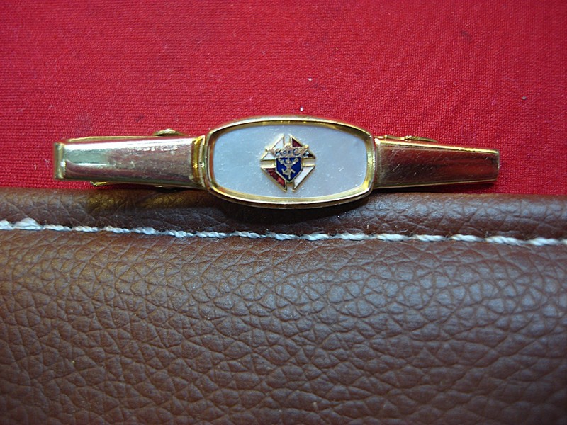 Vintage gold-tone Knights of Columbus tie clip with mother of pearl inlay