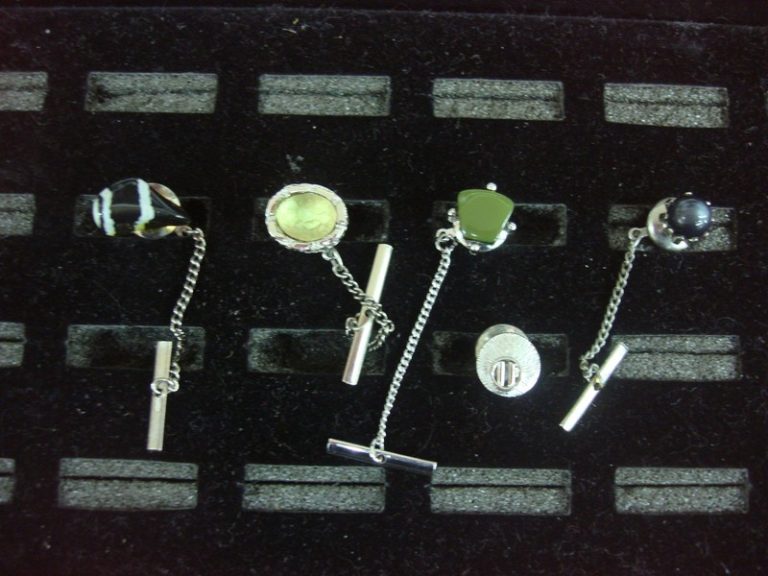 Vintage silver tone tie tacks or lapel pins, lot of 5