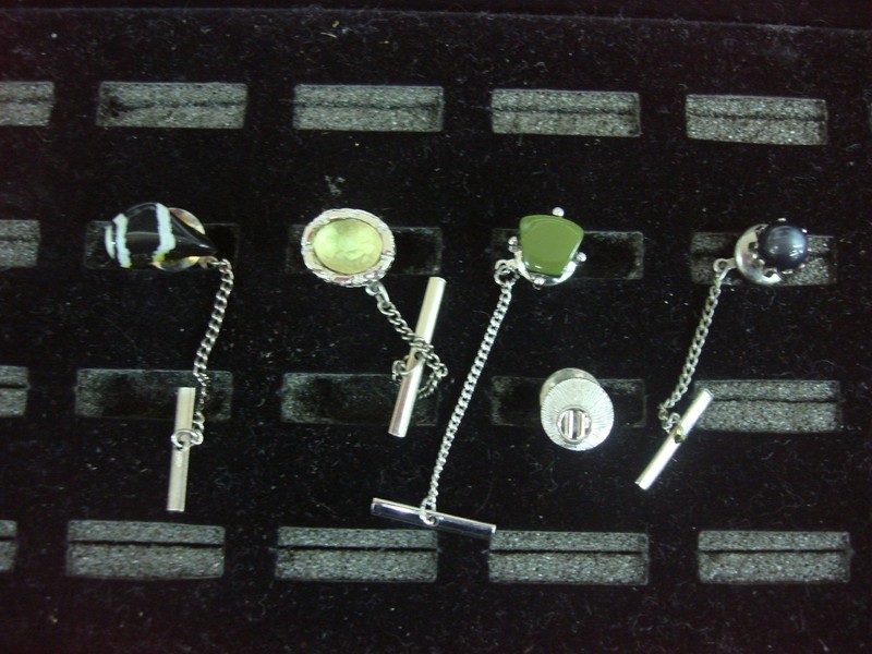 Vintage silver tone tie tacks or lapel pins, lot of 5