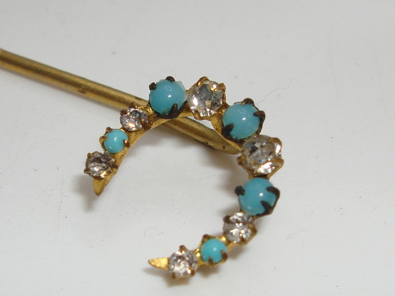 Antique Edwardian turquoise glass and foiled brilliant stick pin
