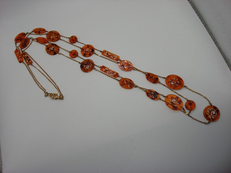 Vintage filigree amber lucite necklace, two strands, estate find