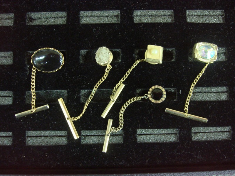 Vintage gold tone tie tacks or lapel pins, lot of 5