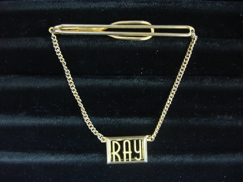 Vintage Swank gold-tone tie bar chain with 'Ray' inscription