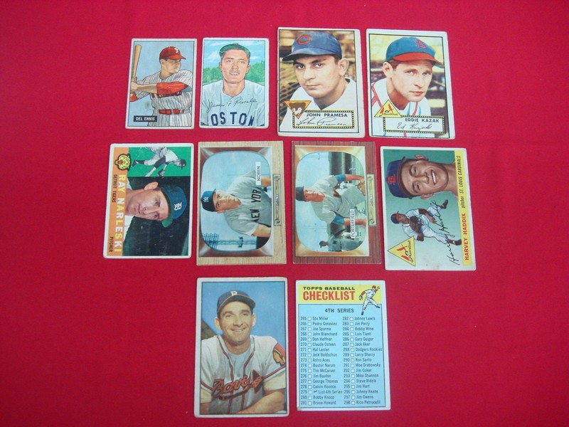 Vintage baseball card lot featuring cards from the 1951 Bowman and 1966 Topps series.