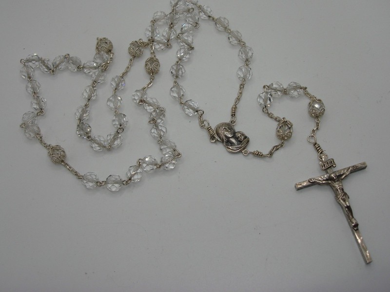 Vintage AFCO Sterling Silver & Rock Crystal Rosary - Italian Made, Blessed Mary Medal