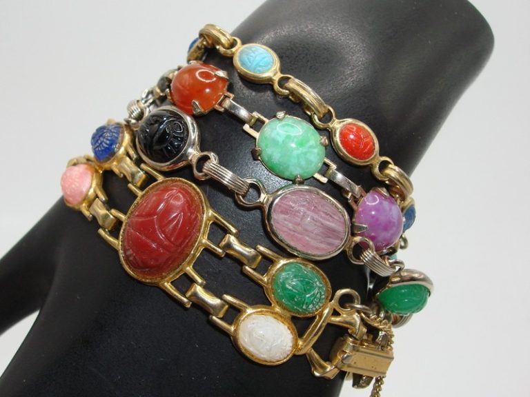 Vintage multicolor glass scarab bracelet set of four