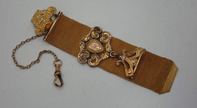 Antique Victorian F.M.Co. 12K gold-filled mesh watch fob engraved with OH design