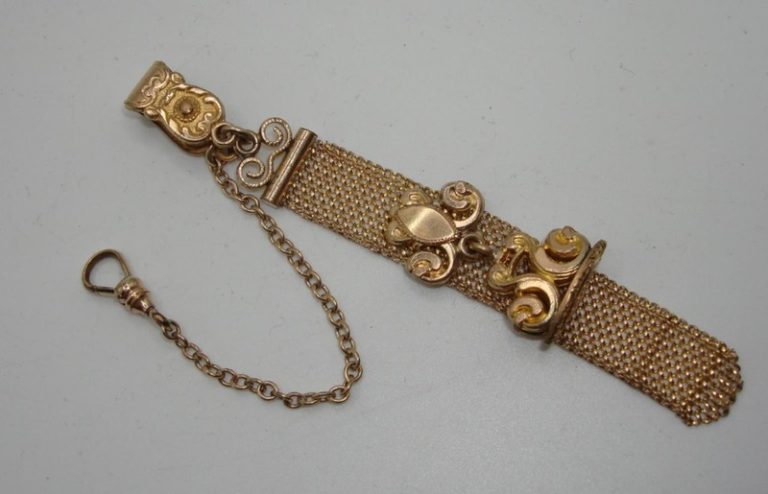 Antique Victorian C.R.H. gold filled mesh watch fob & chain with exquisite slide detail