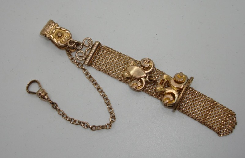 Antique Victorian C.R.H. gold filled mesh watch fob & chain with exquisite slide detail