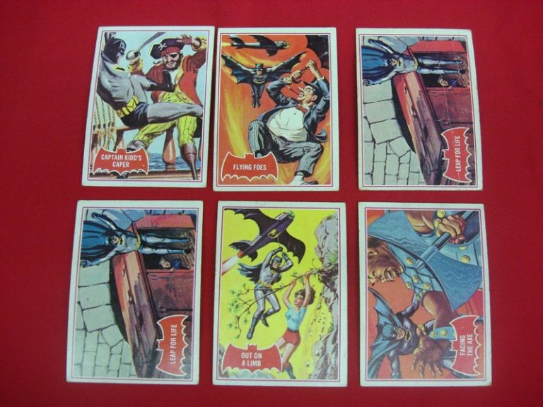 Vintage 1966 Topps Batman trading cards, six-card lot
