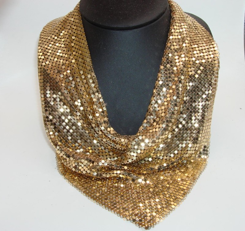 Vintage Whiting & Davis gold mesh bib necklace, estate find