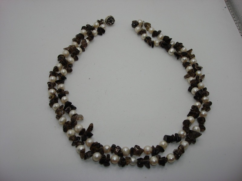 Vintage freshwater pearl and garnet necklace, two strands, 17 inches