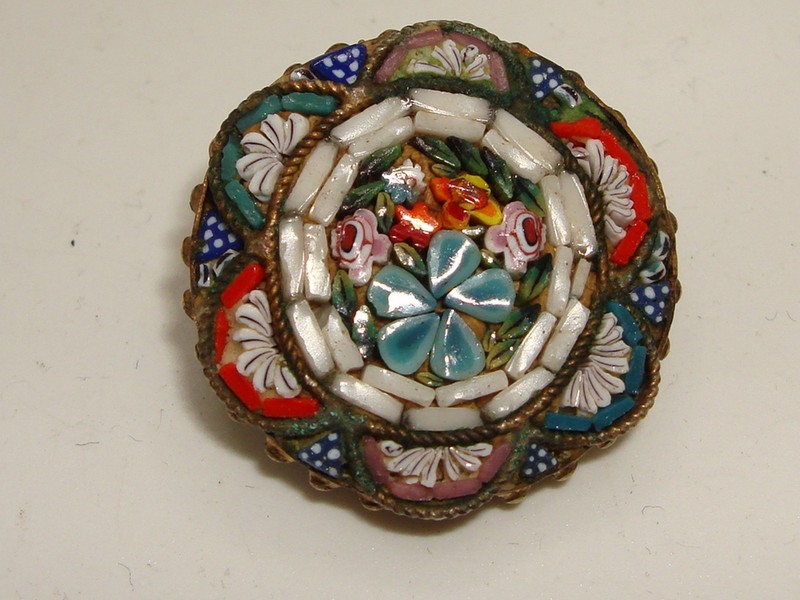 Vintage micro mosaic pin with delicate floral design, Made in Italy