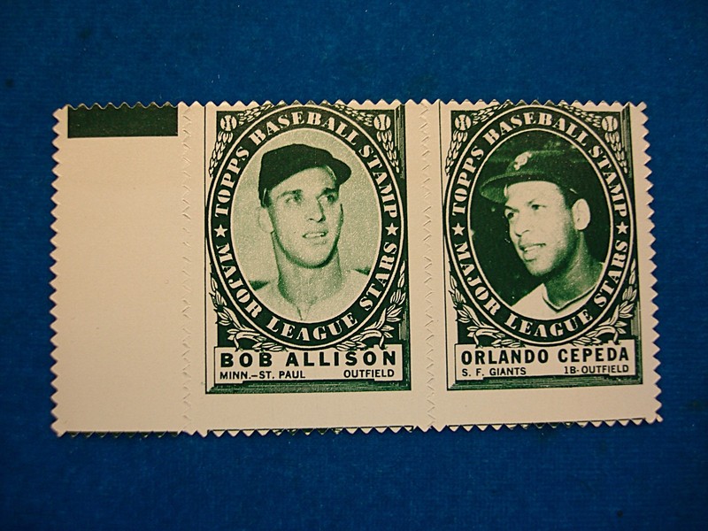 1961 Topps Baseball Stamps Panel featuring Bob Allison and Orlando Cepeda