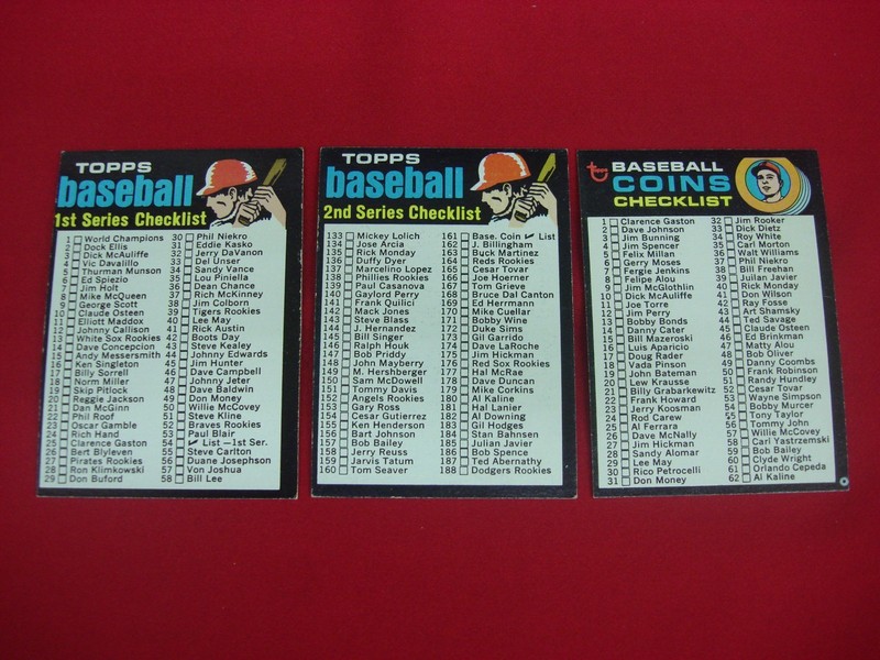 Vintage 1971 Topps Baseball Checklists (Series 1, 2 & Coins) in Nice Condition
