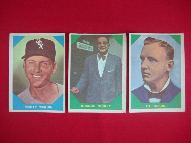 Vintage 1960 Fleer Baseball Greats cards featuring Marty Marion, Branch Rickey, and Cap Anson