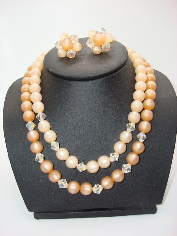 Vintage 1940s-50s Moonglow Lucite Necklace & Earrings Set - Double Strand, AB Beads