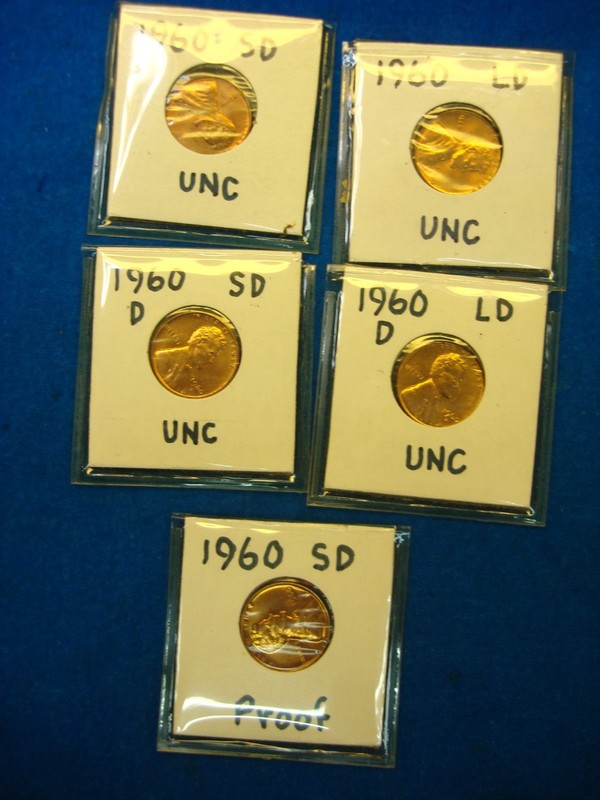 Collection of five uncirculated or proof 1960 Lincoln Memorial Cents.