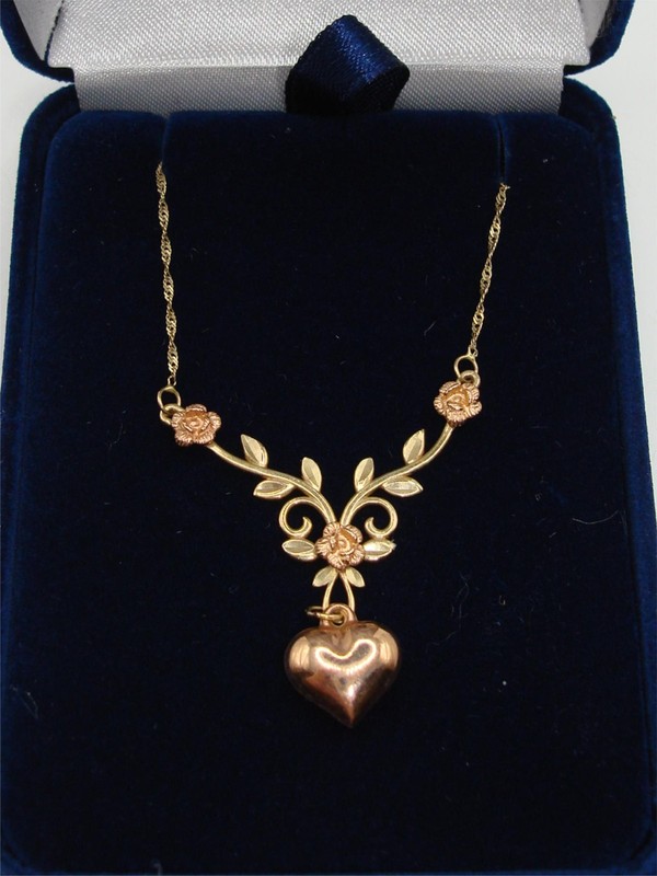 10K Black Hills Gold Heart Necklace with Floral Design and Rose Gold Accents