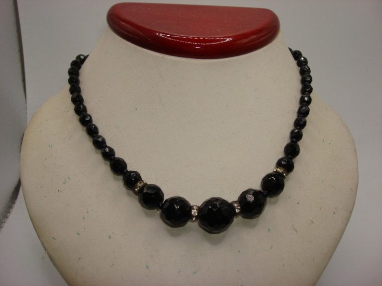 Vintage 1930s-40s black glass rhinestone choker necklace, sterling silver, 15 inches