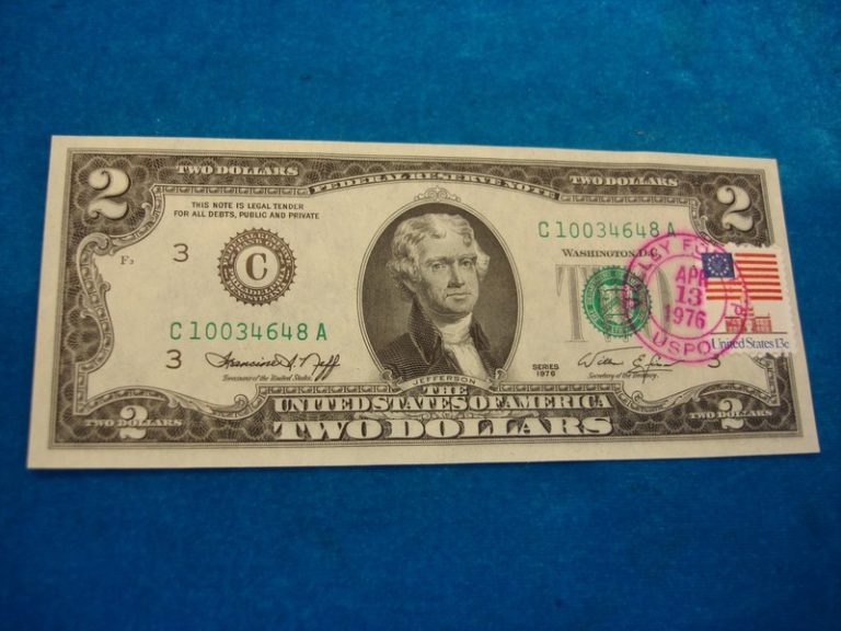 Series 1976 $2 note with Valley Forge, PA postmark. First day of issue. Note displays a distinctive bleed-through postmark.