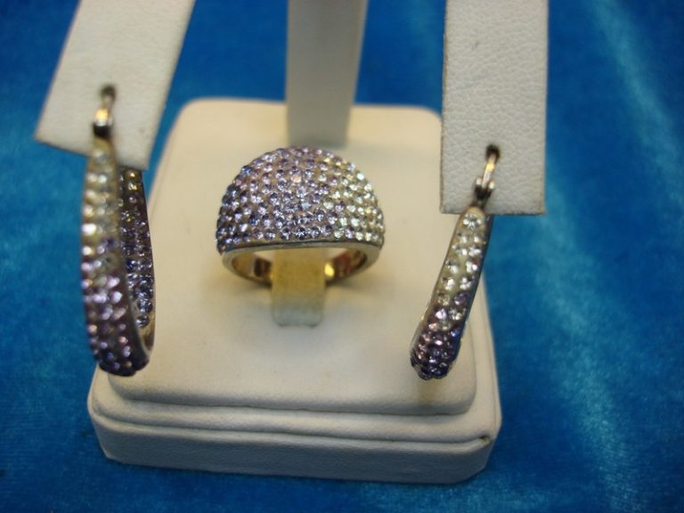 Sterling silver pave ring and earring set with purple and white stones