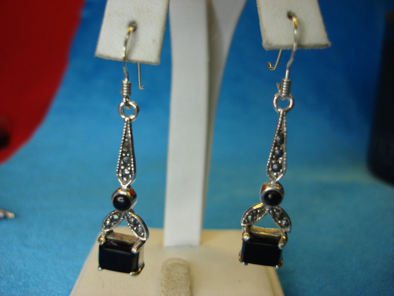 Sterling Silver Onyx & Marcasite Dangle Earrings