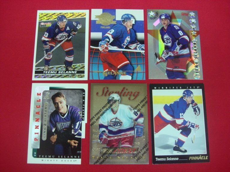 Teemu Selanne trading cards featuring his time with the Winnipeg Jets and Anaheim Mighty Ducks. Includes a die-cut card, foil cards, a Pinnacle promotion card, and inserts.