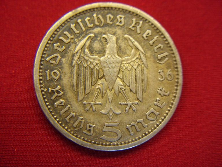 1936 A Germany 5 Mark Silver Coin - Berlin Mint (.900 Fine, Light Circulation)