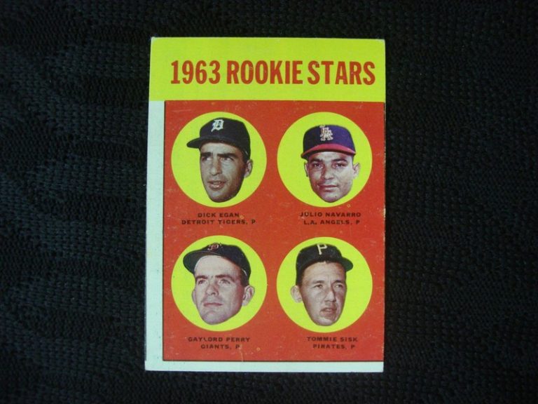 1963 Topps Rookie Stars Baseball Card Set featuring Gaylord Perry, Dick Egan, Julio Navarro, and Tommie Sisk