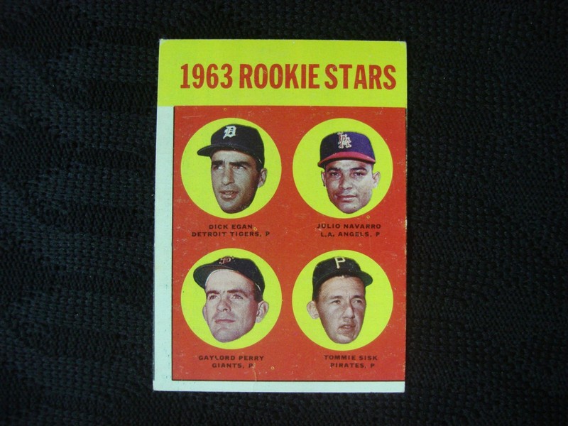1963 Topps Rookie Stars Baseball Card Set featuring Gaylord Perry, Dick Egan, Julio Navarro, and Tommie Sisk