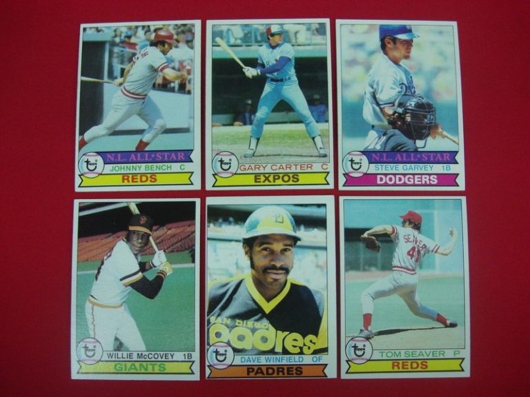 Vintage 1979 Topps Baseball Card Set featuring Johnny Bench, Gary Carter, Steve Garvey, Willie McCovey, Dave Winfield and Tom Seaver