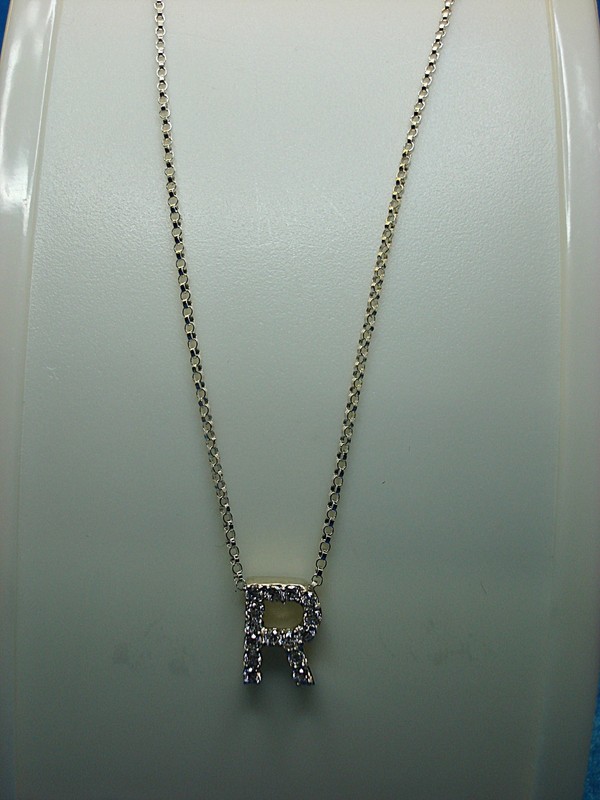 Sterling silver 'R' initial necklace with cubic zirconia stones, 18 inch chain