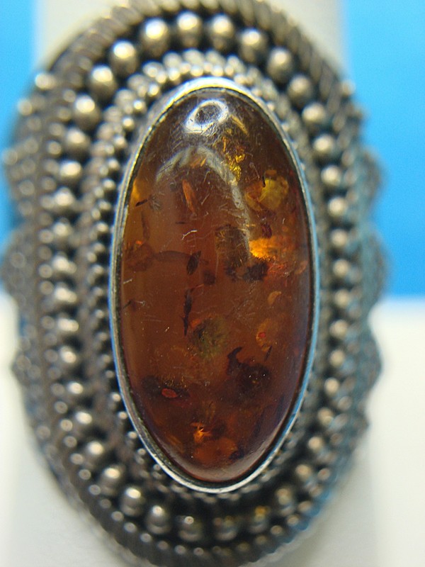 Vintage Sterling Silver Baltic Amber Ring (Size 10) - Indonesia