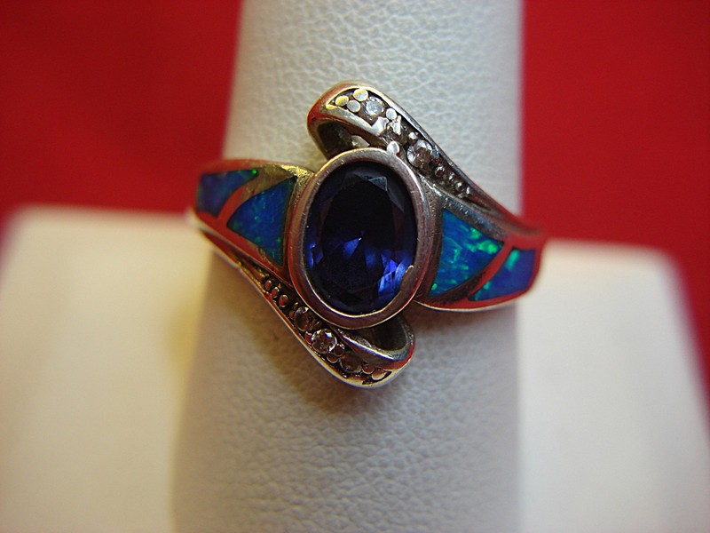 Sterling silver amethyst and blue fire opal ring with CZ accents, size 10, pre-owned excellent condition