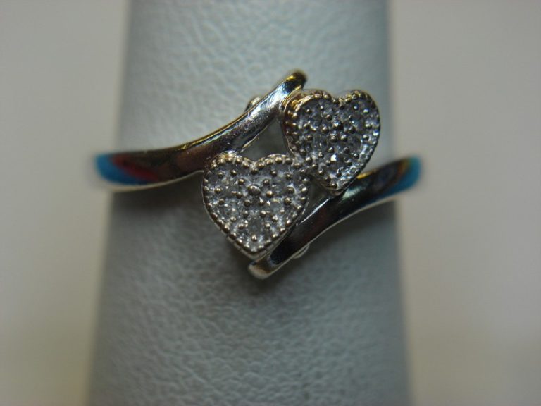 Sterling silver two hearts diamond ring, size 7
