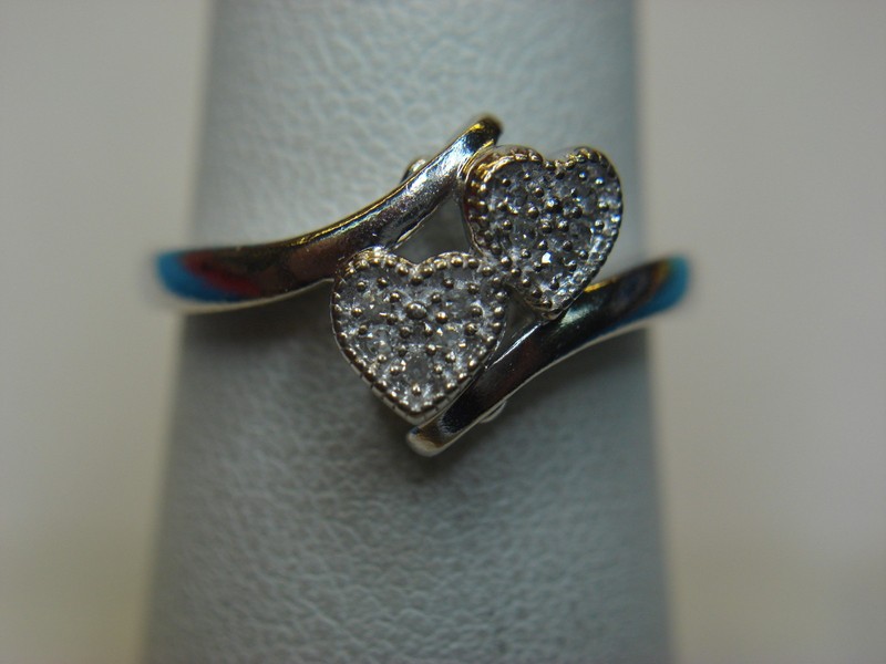 Sterling silver two hearts diamond ring, size 7