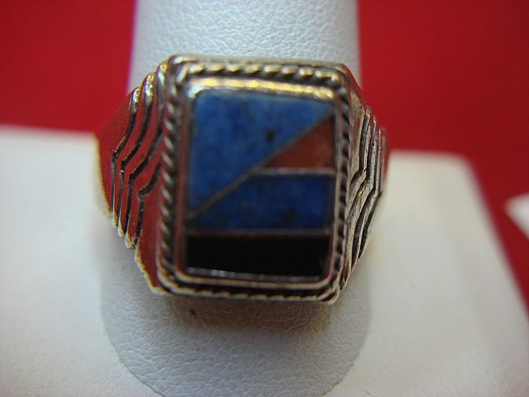 Vintage Native American sterling silver ring with lapis, onyx, and coral inlay, size 12