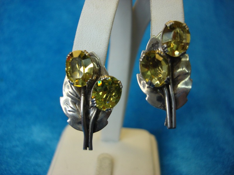 Vintage Sterling Silver Leaf Earrings with Golden Citrine