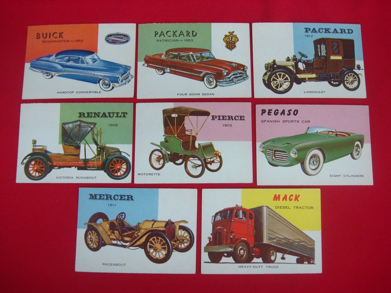 Vintage 1954 Topps World on Wheels trading cards (8-card lot) in nice condition.