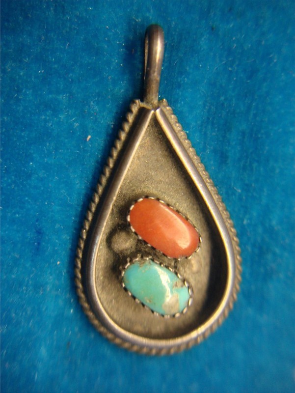 Vintage Angelita Native American Silver Turquoise & Coral Pendant