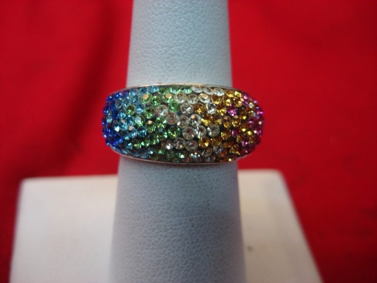 Vintage JCM silver over brass ring with multi-color stones, size 7.75