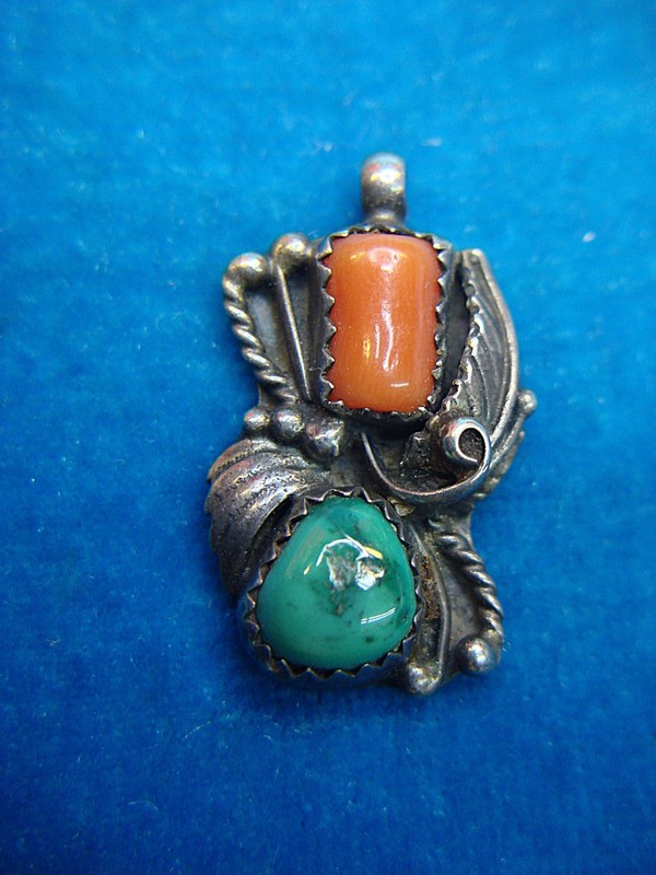 Vintage Navajo sterling silver pendant with coral and turquoise accents