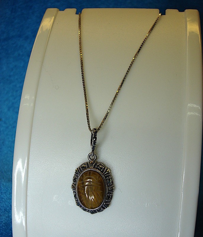 Sterling silver scarab pendant necklace with marcasites