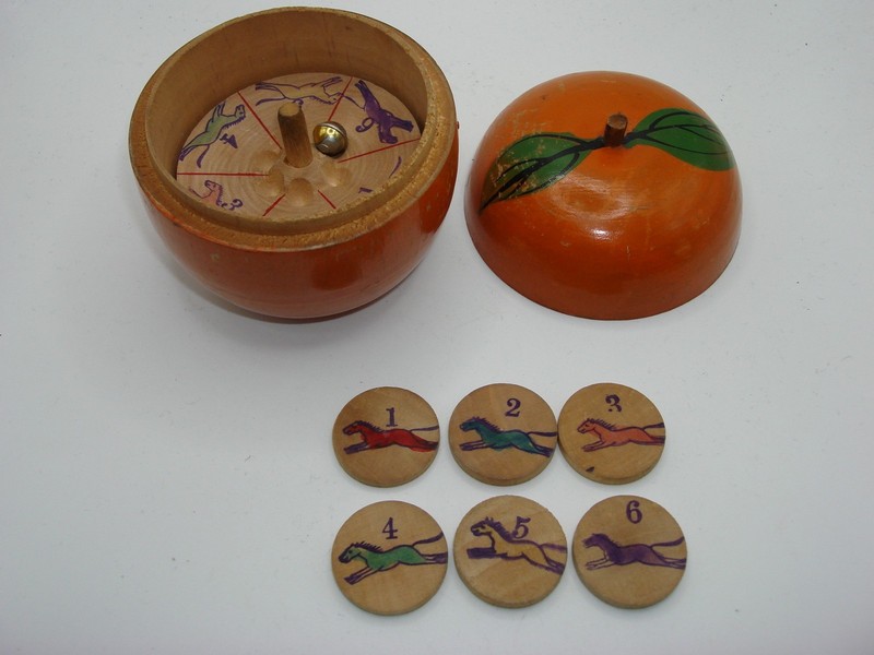 Antique 1900s wooden apple horse racing roulette wheel with chips