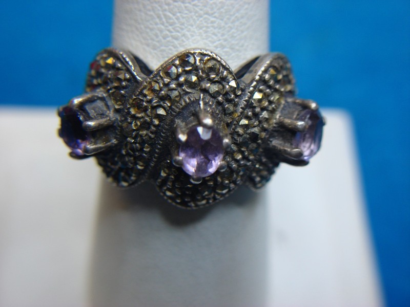 Vintage sterling silver amethyst and marcasite ring, size 7 1/2