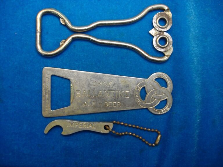 Vintage set of three bottle openers featuring Ballantine's Ale, Imperial Whiskey, and a unique owl head design.